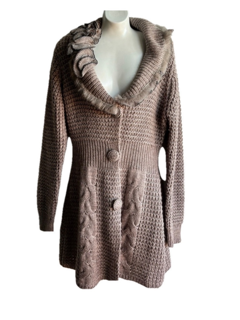 Sioni Taupe Long Sweater, Collar, W/ruffle,rabbit fur trim w/ sparkles size M